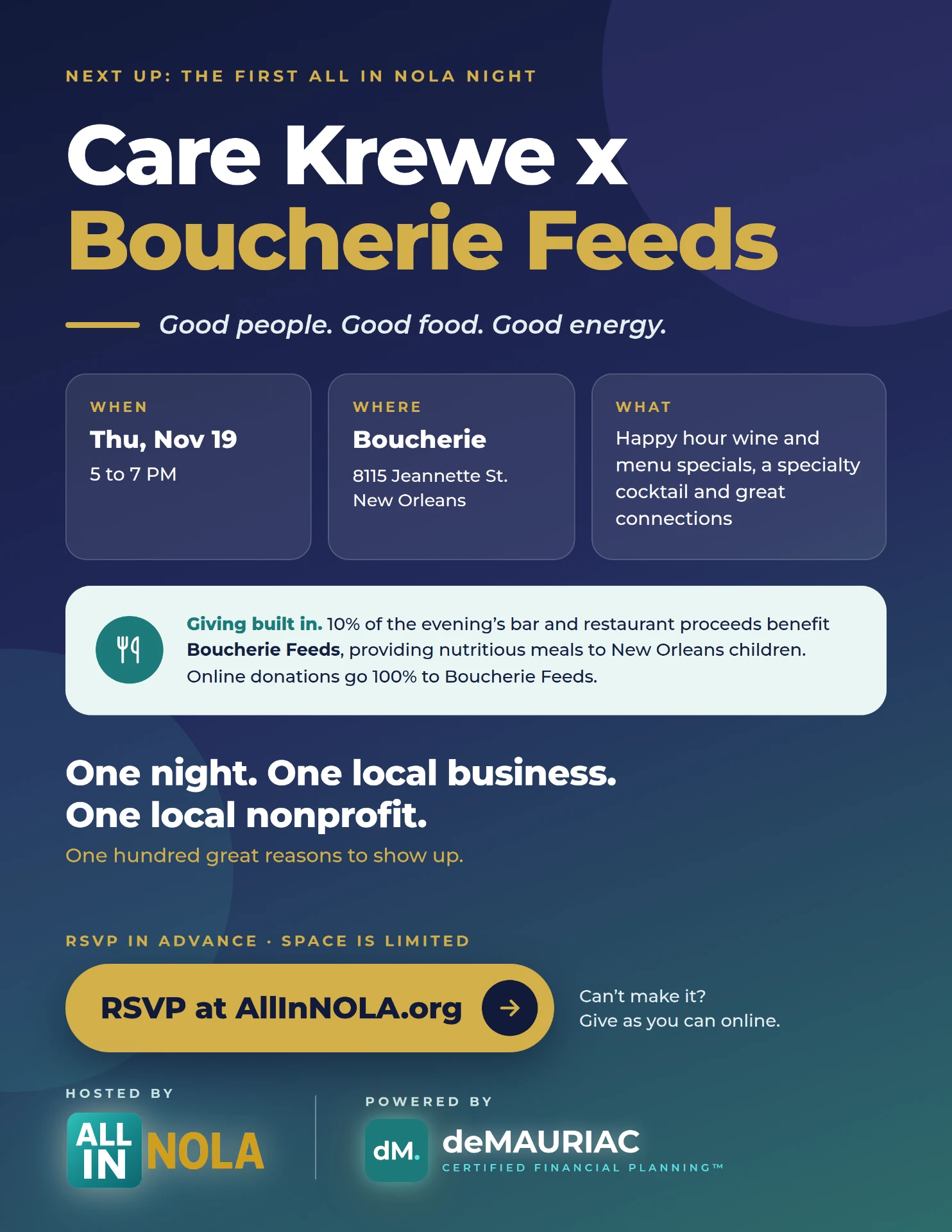 Printable flier: Care Krewe x Boucherie Feeds, November 19 at Boucherie, powered by deMAURIAC