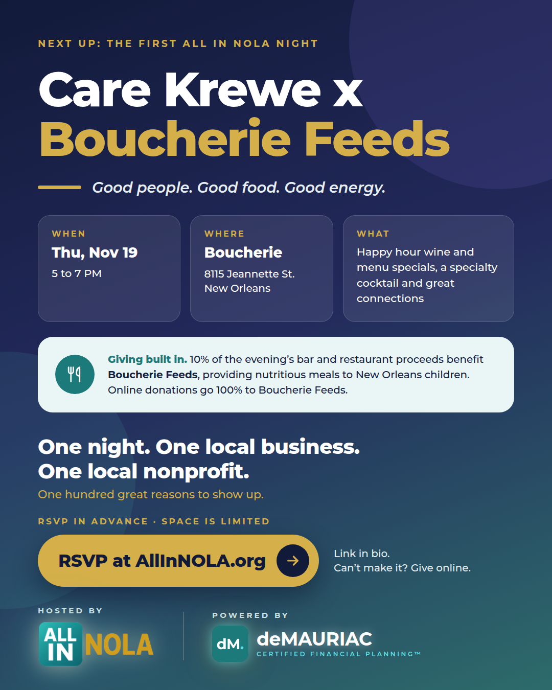 Instagram post, 4:5: Care Krewe x Boucherie Feeds, November 19 at Boucherie, powered by deMAURIAC
