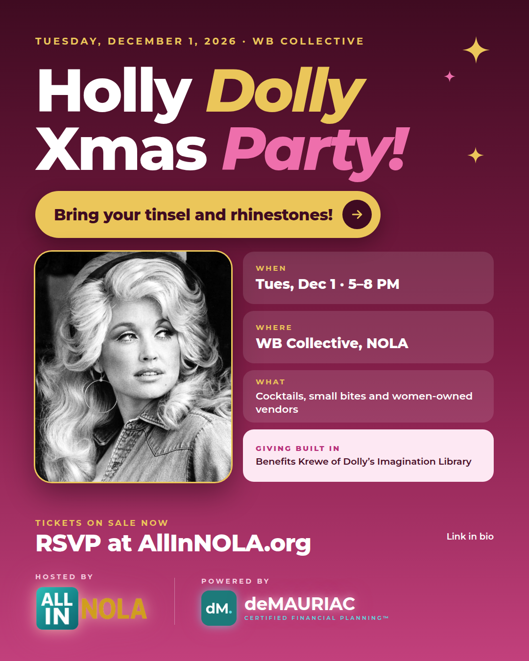 Holly Dolly Xmas Party Instagram graphic: cocktails, small bites and women-owned vendors at WB Collective, benefiting Krewe of Dolly's Imagination Library