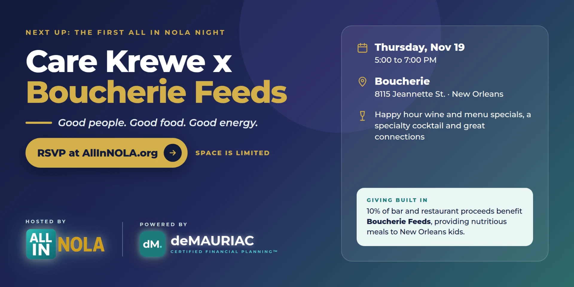 Wide banner, 2:1: Care Krewe x Boucherie Feeds, November 19 at Boucherie, powered by deMAURIAC