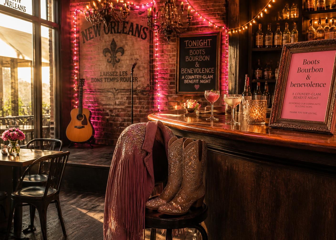 A New Orleans bar dressed for a country-glam benefit night with rhinestone boots, fringe, and pink lights