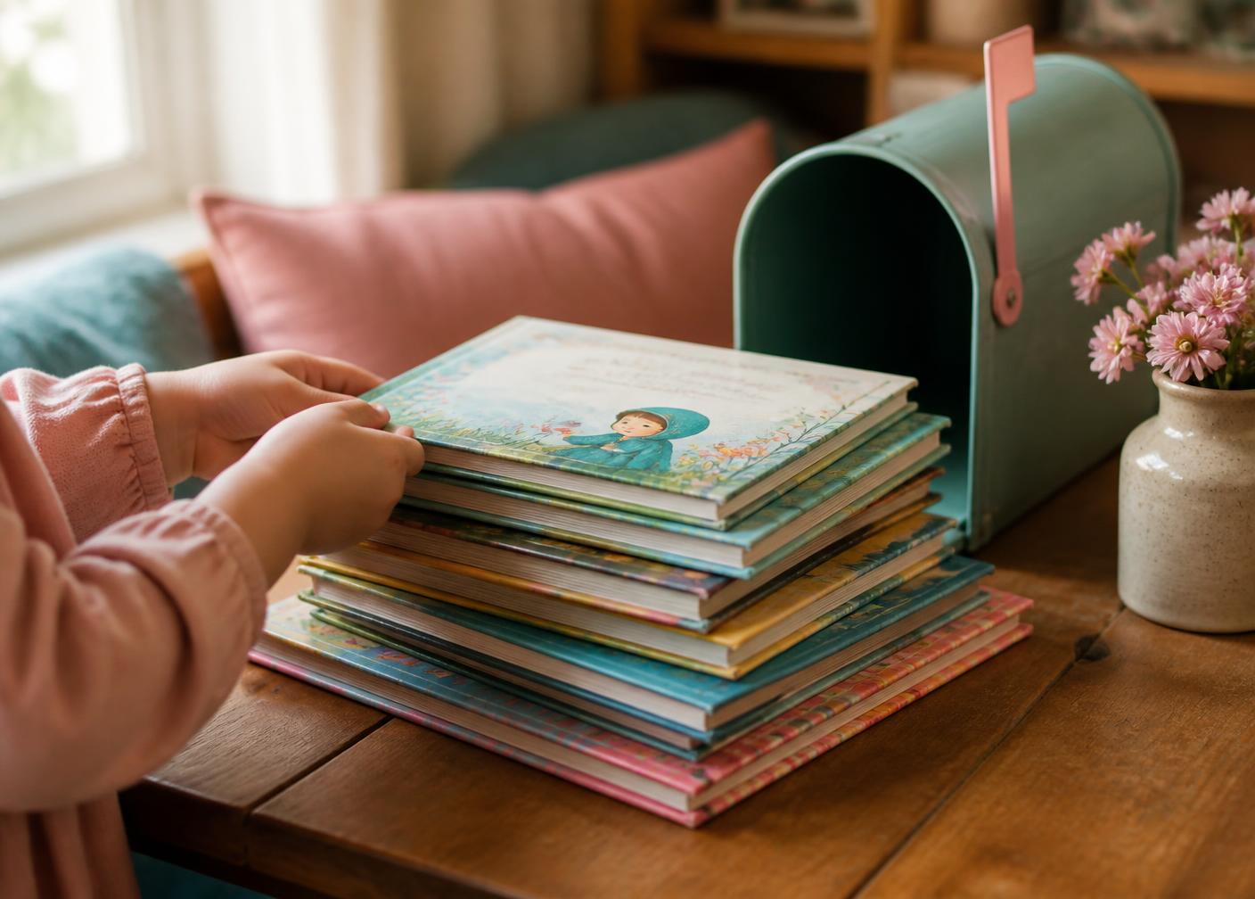A child reaching for a stack of colorful picture books beside a mailbox