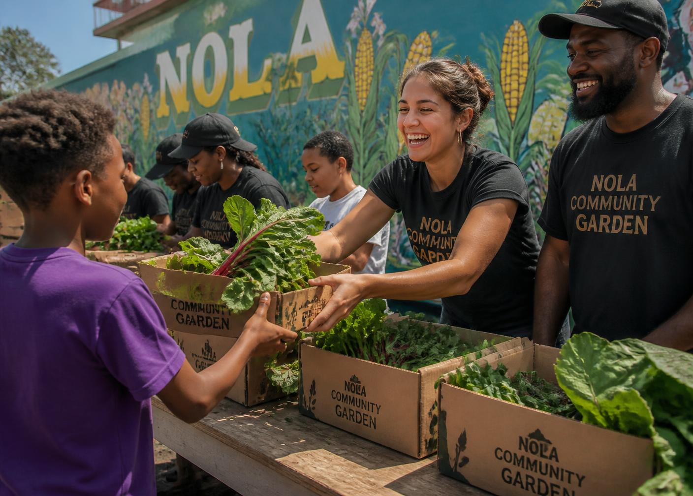 Nonprofit volunteers handing out produce boxes at a New Orleans community garden