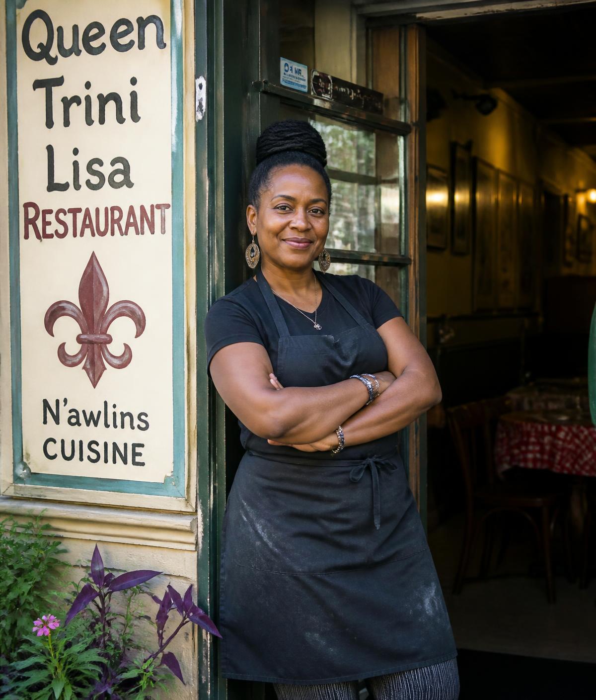 A woman restaurant owner standing in the doorway of her New Orleans storefront