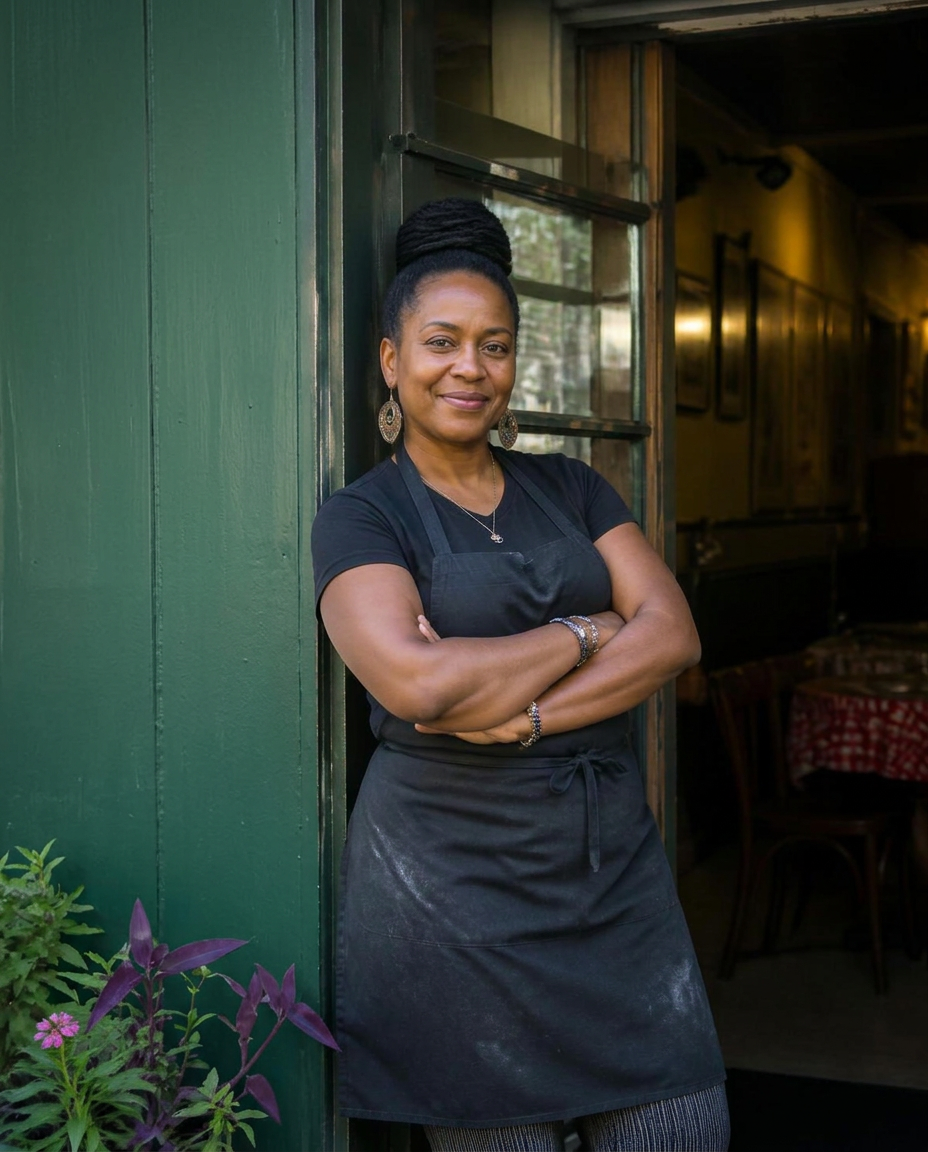 A friendly chef standing in the doorway of her New Orleans restaurant