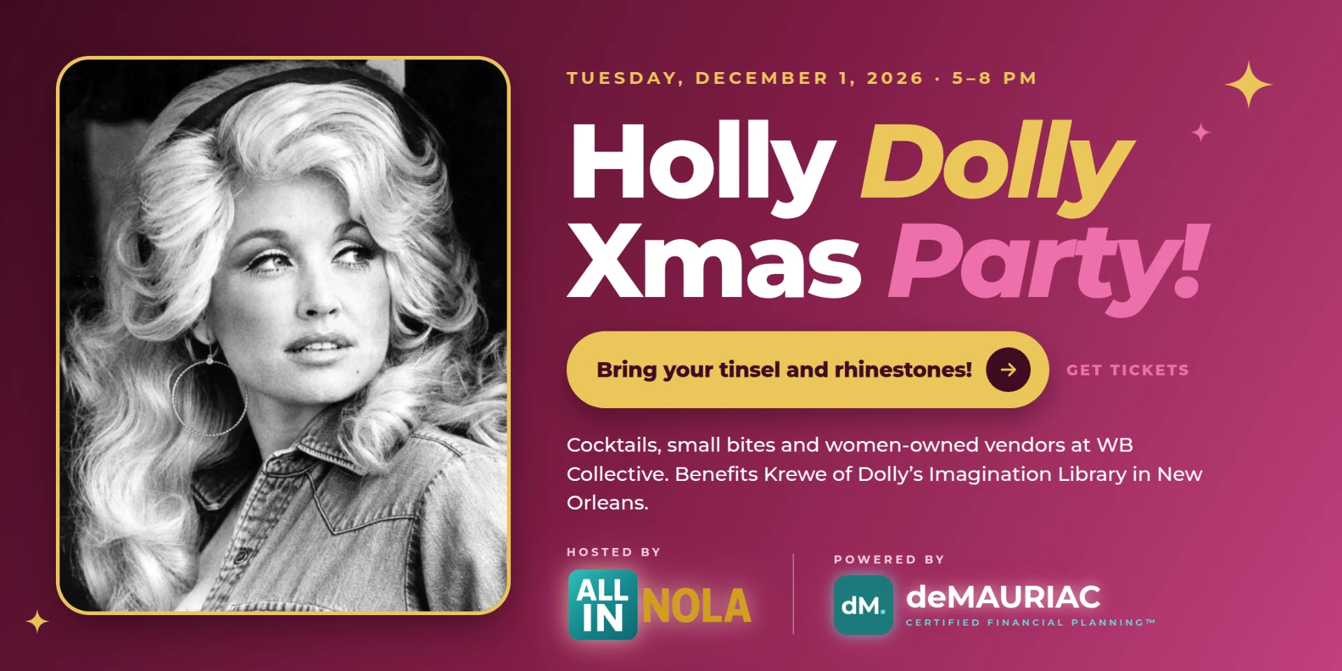 Holly Dolly Xmas Party wide banner: Tuesday, December 1, 5 to 8 PM, WB Collective, get tickets, benefiting Krewe of Dolly's Imagination Library