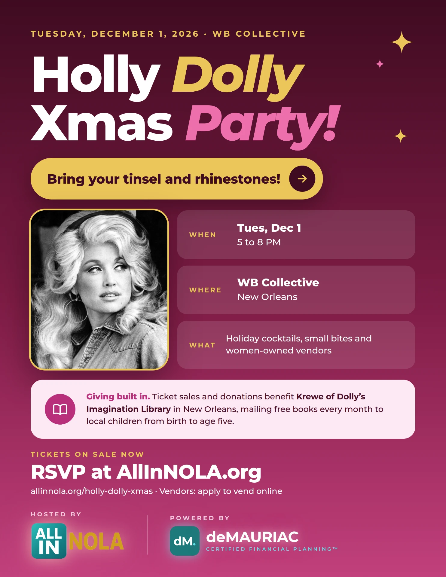 Holly Dolly Xmas Party flier: Tuesday, December 1, 5 to 8 PM at WB Collective, benefiting Krewe of Dolly's Imagination Library, powered by deMAURIAC